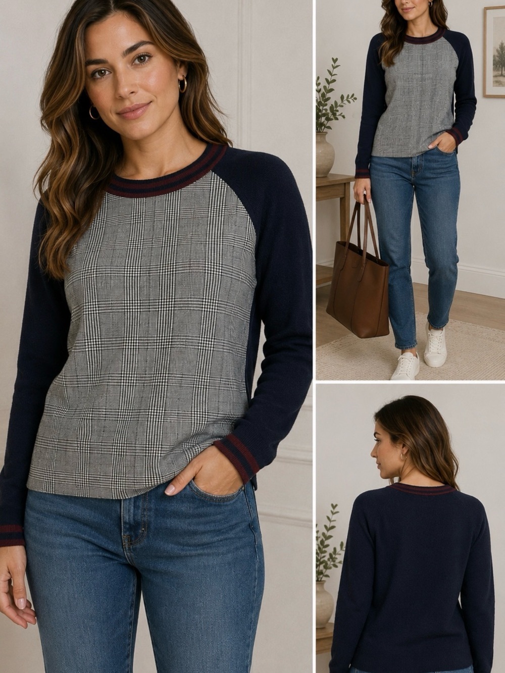J.Crew Women’s Plaid Front Merino Wool Sweater Navy Gray Size Small